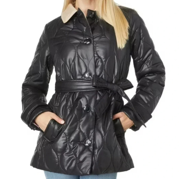 Kate Spade New York Single Breasted Belted Quilted Puffer With Contrast Collar - Picture 1 of 15